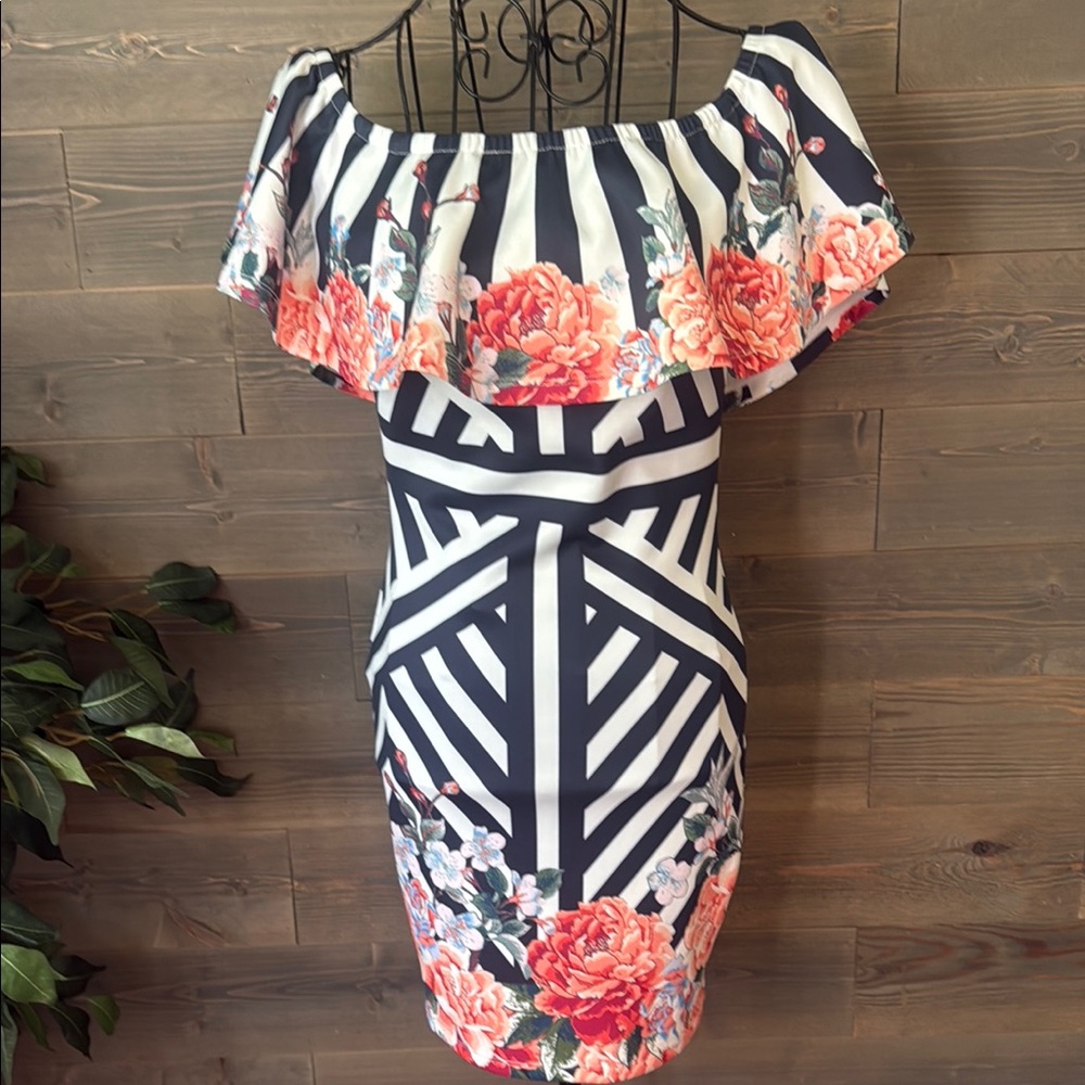 Jealous, tomato, navy white floral off the shoulder pencil dress